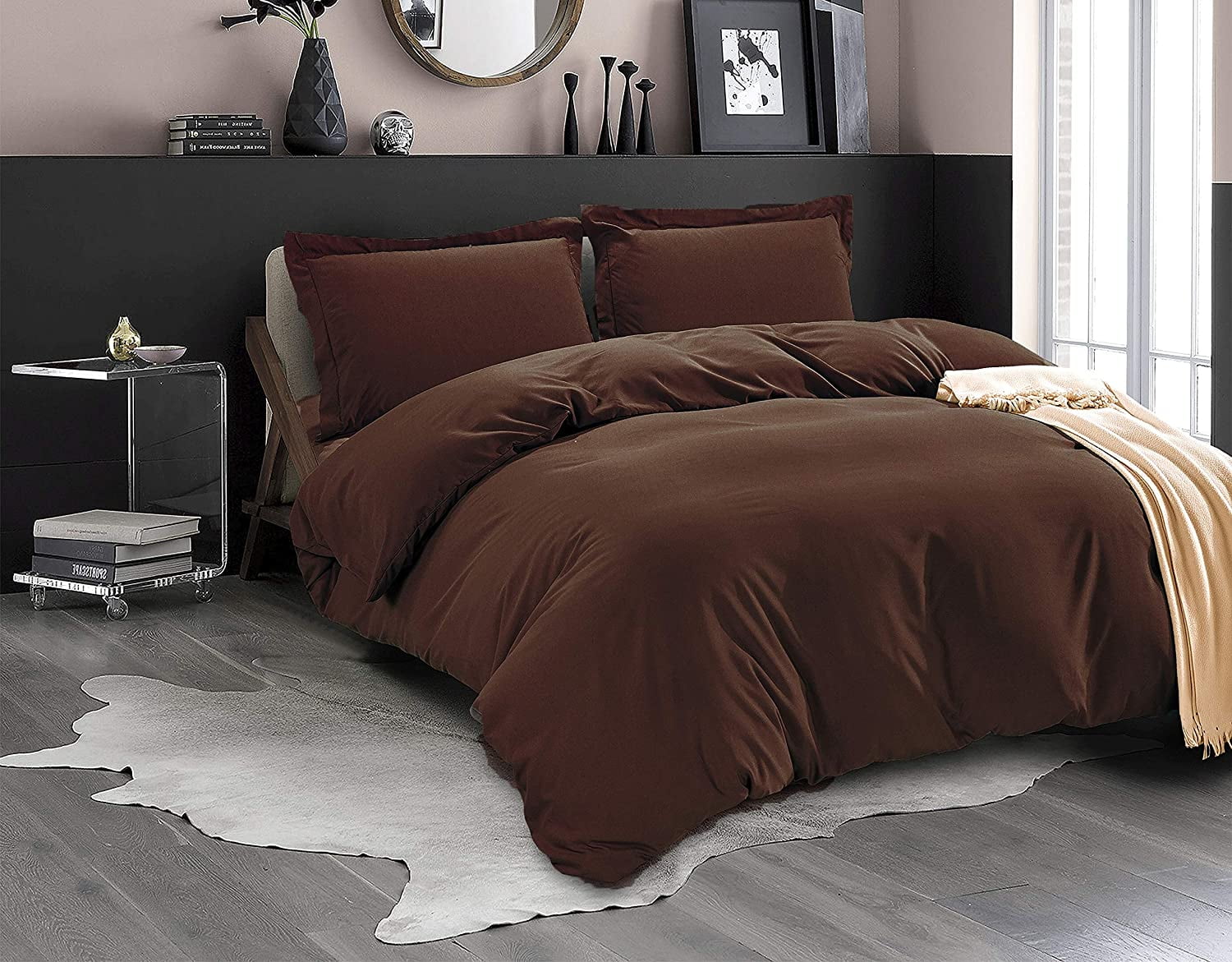3-Piece Duvet Cover Set, 1800 Thread Count, Button Closure, Solid Color - Cooling, Breathable Material- Wrinkle, Fade, Stain Resistant, Full/Queen, Brown