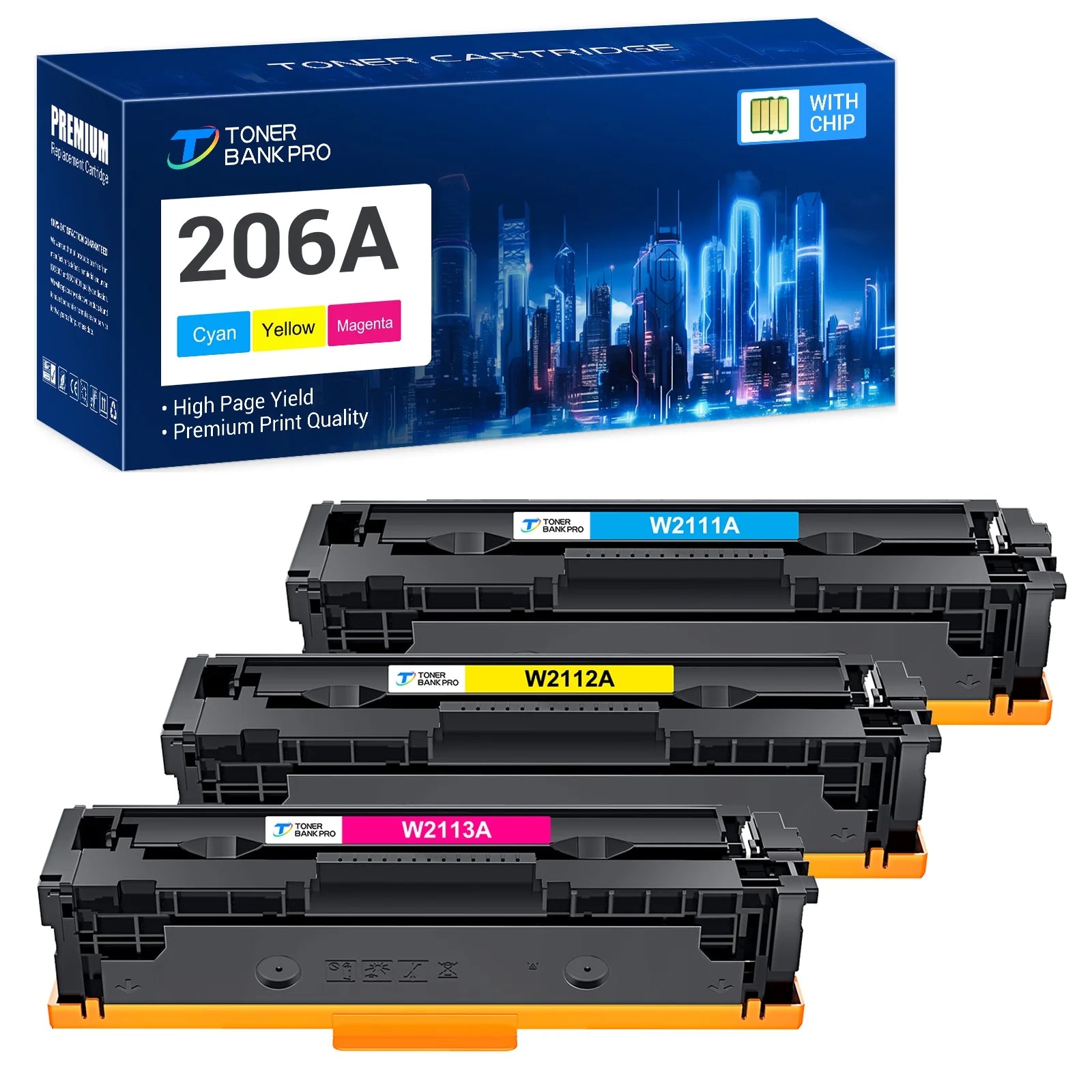 Toner Bank 3-Pack Compatible Toner Cartridge for HP W2111A W2112A W2113A 206A LaserJet Pro M283fdw M255dw MFP M283cdw M282nw M283 M255 Printer Ink WITH CHIP, Cyan, Magenta, Yellow