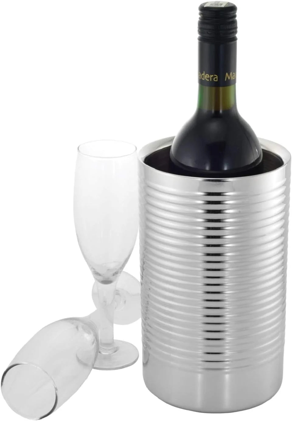Wine Chiller Bucket - Double Wall Stainless Steel Barware - Wine & Champagne Holder - Cooler For Home, Bars, Restaurants, Use - Ribbed & Shiny, 1.6 Qt