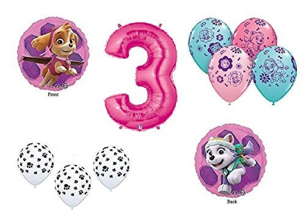 Paw Patrol GIRL'S Dog 3rd #3 Third Pink 10 Piece Birthday Party Mylar and Paw Latex Balloons Set