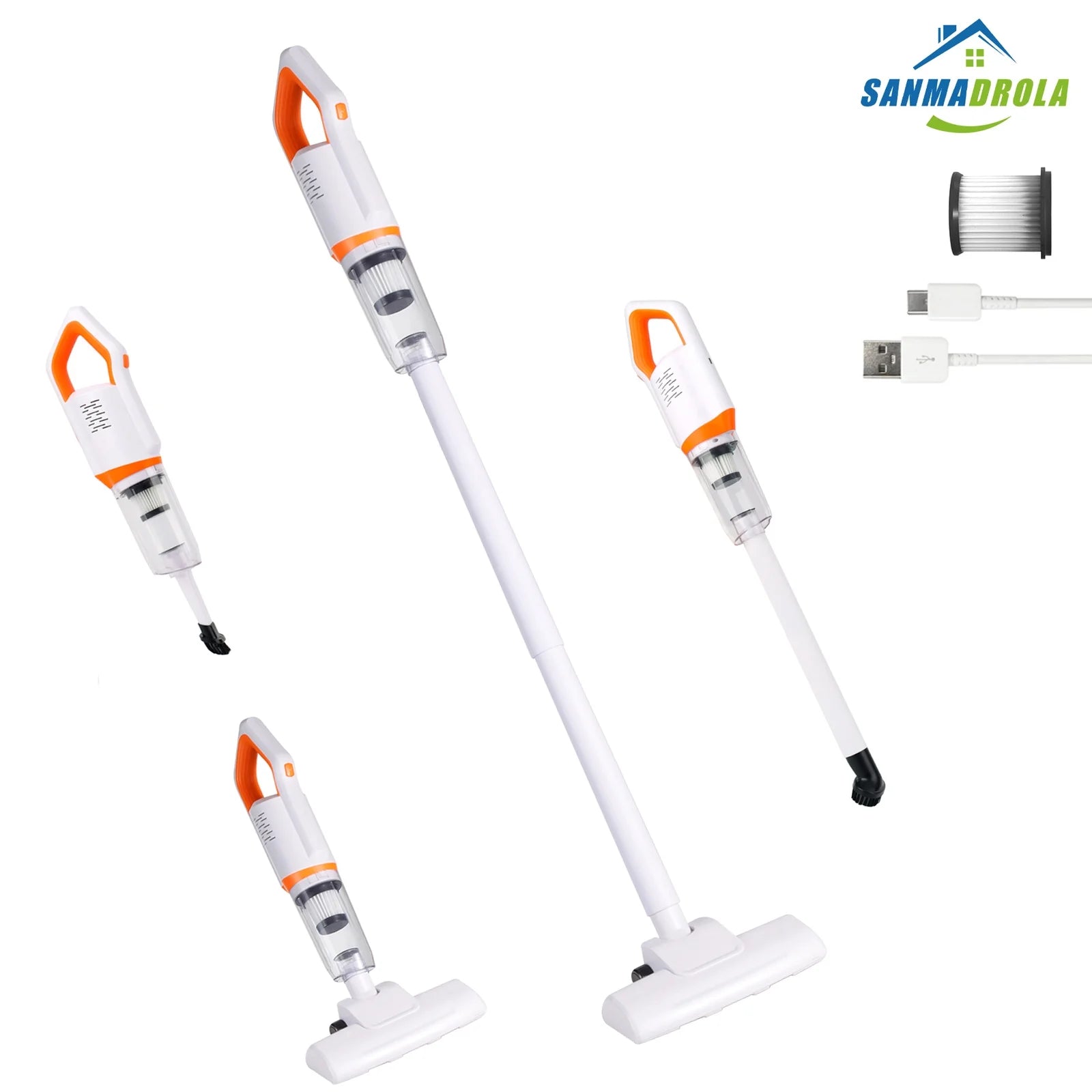 SANMADROLA Cordless Stick Vacuum Cleaner, 4-in-1 Lightweight Removable Handheld Battery-Operated Portable Cordless Vacuum for Carpet Floor Pet Hair, Max 60 Min Runtime, White