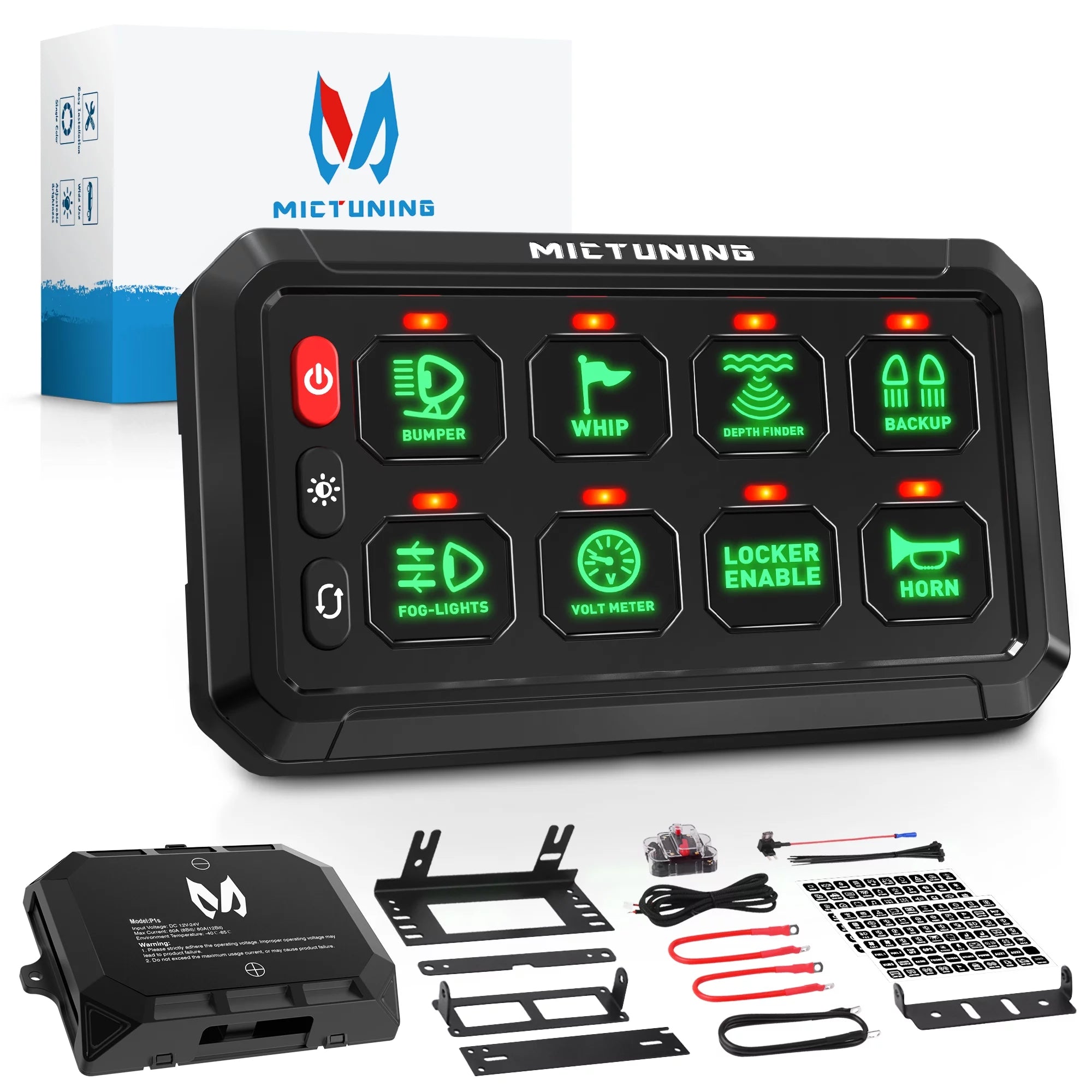 MICTUNING P1s 5.5 inch 8 Gang Switch Panel Green Backlight 3 Silicon Button, 5-Level Brightness, 3 Lighting Modes Momentary Strobe, For Truck SUV UTV Offroad Car
